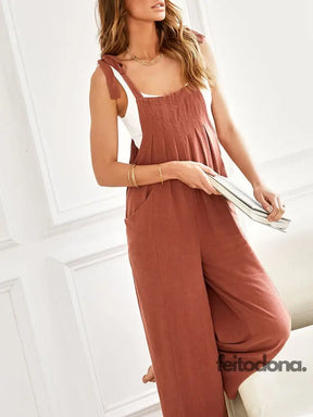 New Women Cargo Overalls Casual Loose Solid Rompers Jumpsuit Streetwear Tie-Up Sleeveless Long Pants