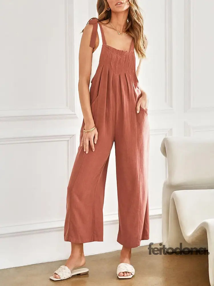 New Women Cargo Overalls Casual Loose Solid Rompers Jumpsuit Streetwear Tie-Up Sleeveless Long Pants