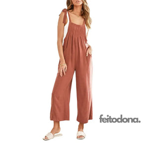 New Women Cargo Overalls Casual Loose Solid Rompers Jumpsuit Streetwear Tie-Up Sleeveless Long Pants