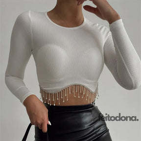 Top Canelado Cascata De Strass Branco Manga Longa / P