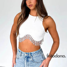 Top Canelado Cascata De Strass Branco Regata / P