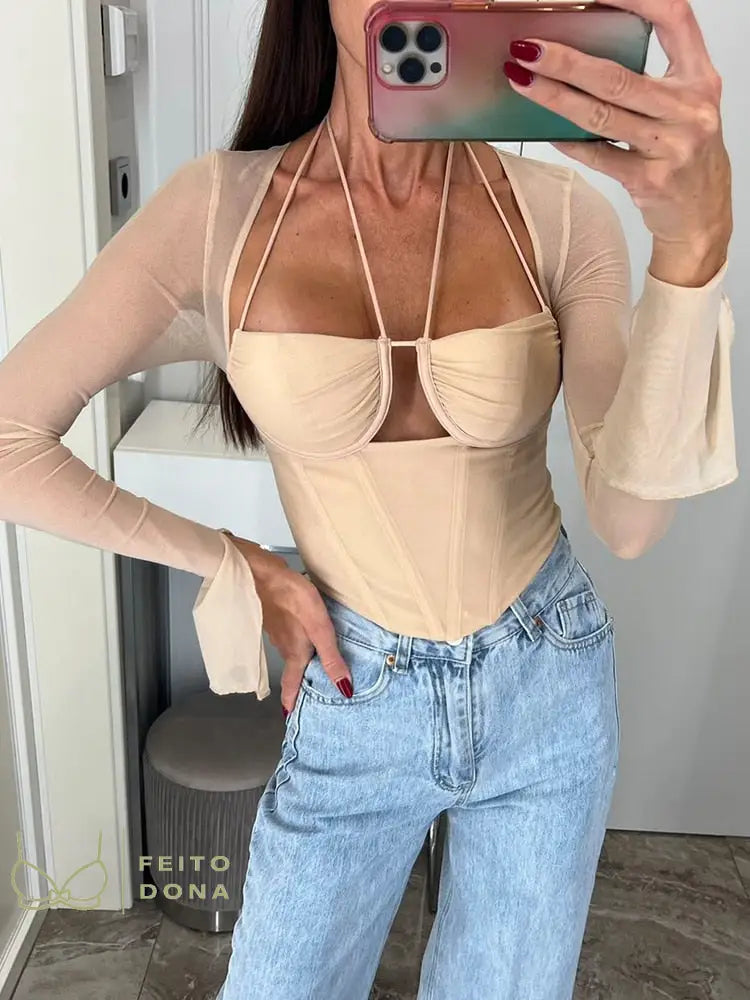 Crop Top Sexy Mesh Corset Long Sleeve Tops Summer Party Flare Fashion Woman Blouses 2022 Casual