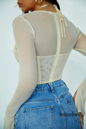 Crop Top Sexy Mesh Corset Long Sleeve Tops Summer Party Flare Fashion Woman Blouses 2022 Casual