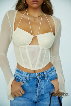 Crop Top Sexy Mesh Corset Long Sleeve Tops Summer Party Flare Fashion Woman Blouses 2022 Casual