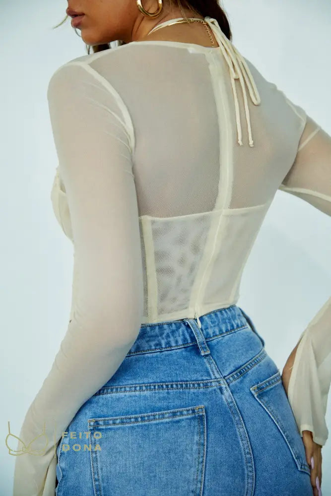 Crop Top Sexy Mesh Corset Long Sleeve Tops Summer Party Flare Fashion Woman Blouses 2022 Casual