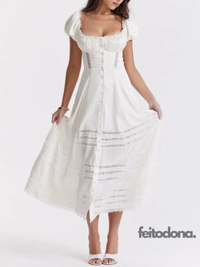 New Fashion Women Long Dress Elegant Short Sleeve Square Neck See-Through Patchwork Swing Summer