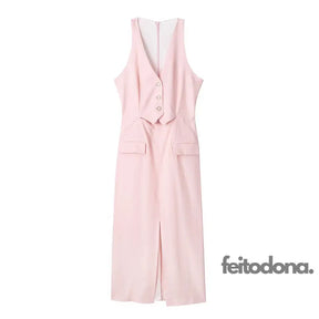 Trafza Pink Cotton Hemp Fashion Elegant And Simple All-Match Dress Button Womens Sleeveless V-Neck