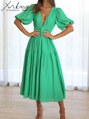 Miukomiya Deep V Neck Long Dresses Summer For Women 2023 Puff Sleeve Dress Woman Sexy Green Womens