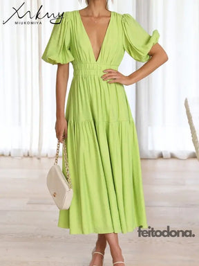 Miukomiya Deep V Neck Long Dresses Summer For Women 2023 Puff Sleeve Dress Woman Sexy Green Womens