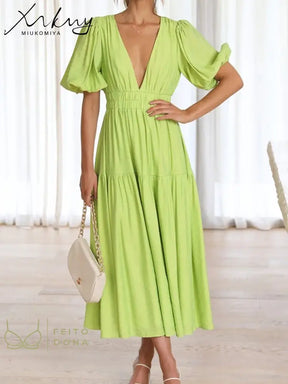 Miukomiya Deep V Neck Long Dresses Summer For Women 2023 Puff Sleeve Dress Woman Sexy Green Womens