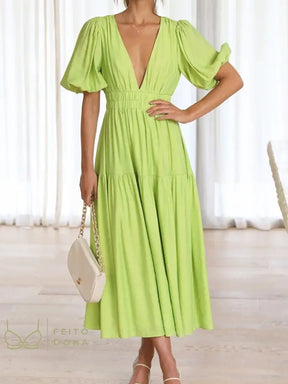 Miukomiya Deep V Neck Long Dresses Summer For Women 2023 Puff Sleeve Dress Woman Sexy Green Womens
