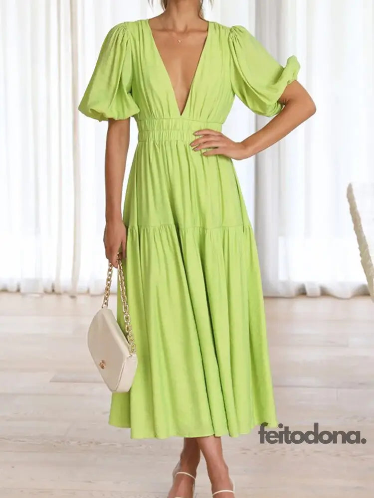 Miukomiya Deep V Neck Long Dresses Summer For Women 2023 Puff Sleeve Dress Woman Sexy Green Womens