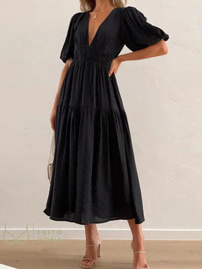 Miukomiya Deep V Neck Long Dresses Summer For Women 2023 Puff Sleeve Dress Woman Sexy Green Womens