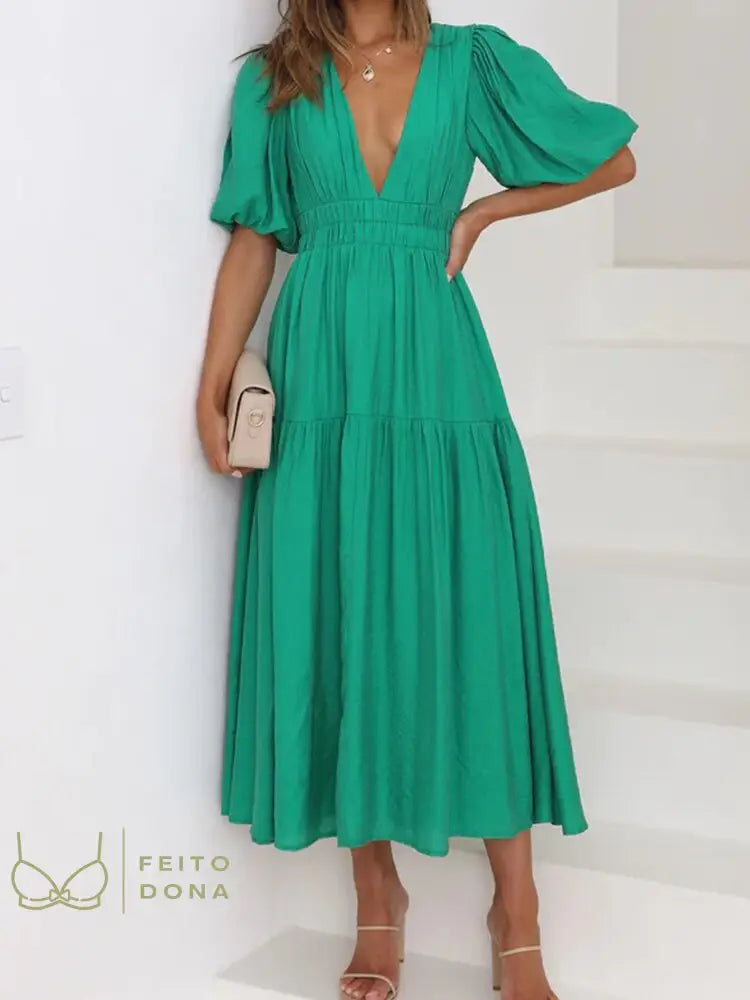 Miukomiya Deep V Neck Long Dresses Summer For Women 2023 Puff Sleeve Dress Woman Sexy Green Womens