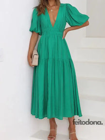 Miukomiya Deep V Neck Long Dresses Summer For Women 2023 Puff Sleeve Dress Woman Sexy Green Womens