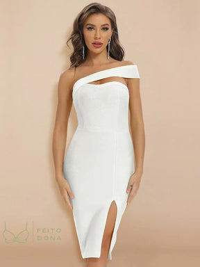 Beaukey Summer White One Shoulder Split Bandage Dress Women Party Club Bodycon Knee Length Hollow