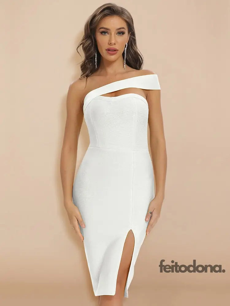 Beaukey Summer White One Shoulder Split Bandage Dress Women Party Club Bodycon Knee Length Hollow