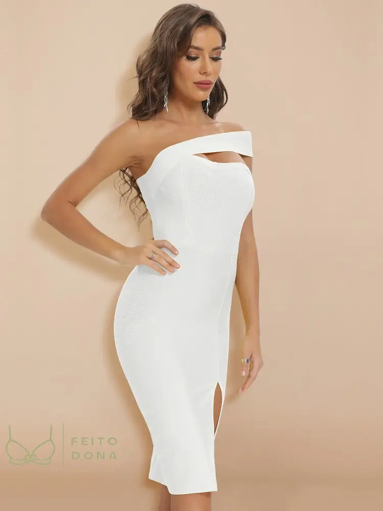 Beaukey Summer White One Shoulder Split Bandage Dress Women Party Club Bodycon Knee Length Hollow