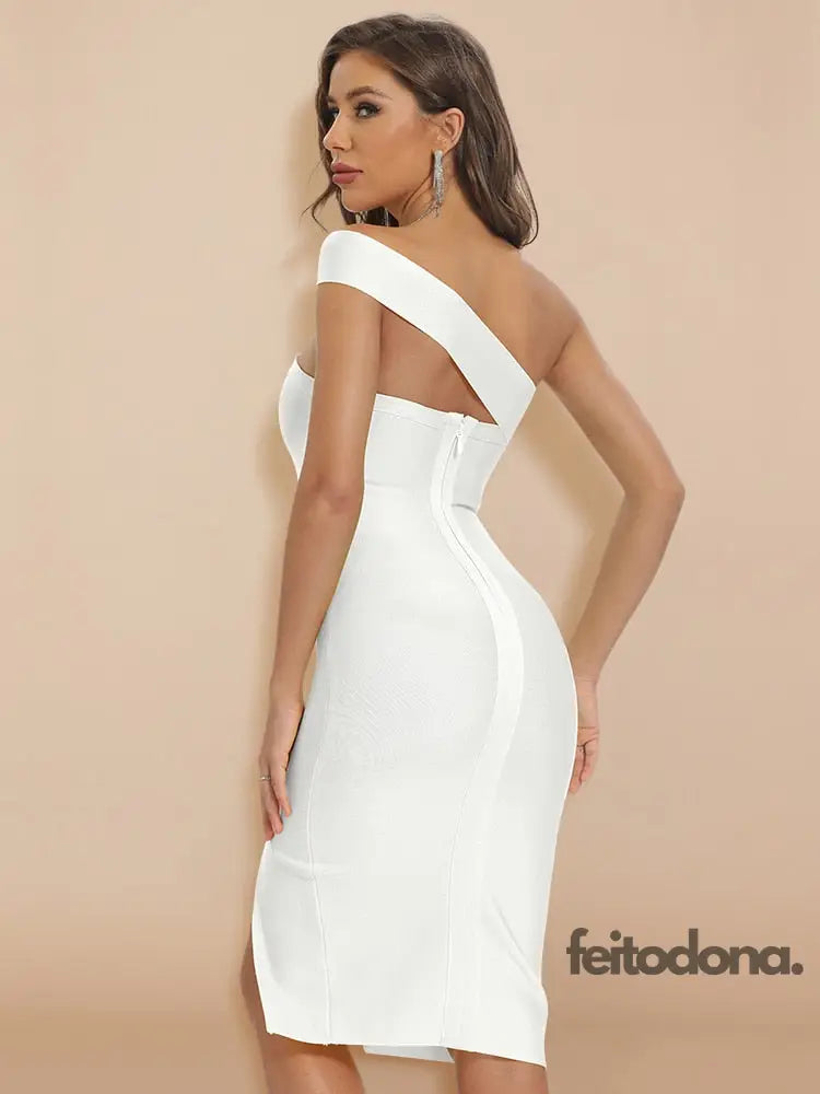 Beaukey Summer White One Shoulder Split Bandage Dress Women Party Club Bodycon Knee Length Hollow