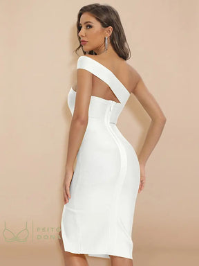 Beaukey Summer White One Shoulder Split Bandage Dress Women Party Club Bodycon Knee Length Hollow