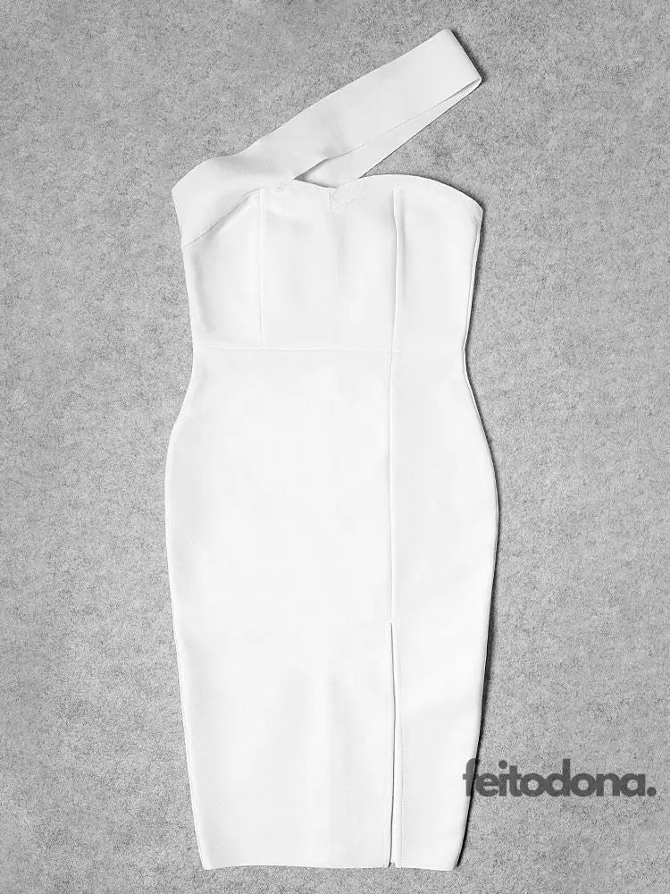 Beaukey Summer White One Shoulder Split Bandage Dress Women Party Club Bodycon Knee Length Hollow