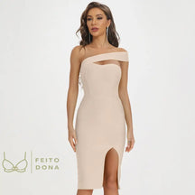 Beaukey Summer White One Shoulder Split Bandage Dress Women Party Club Bodycon Knee Length Hollow