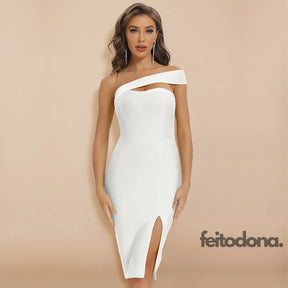 Beaukey Summer White One Shoulder Split Bandage Dress Women Party Club Bodycon Knee Length Hollow