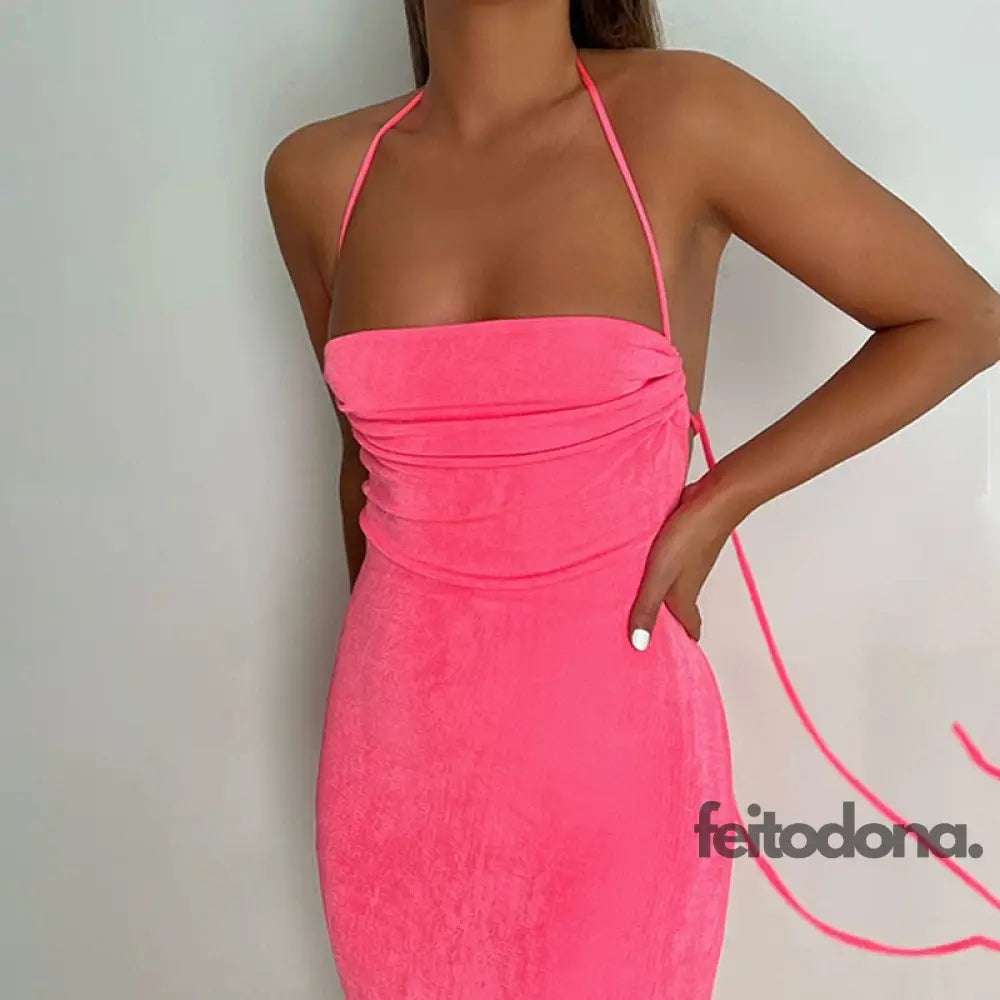 Vestido Canelado Decotado Valentine Rosa / P