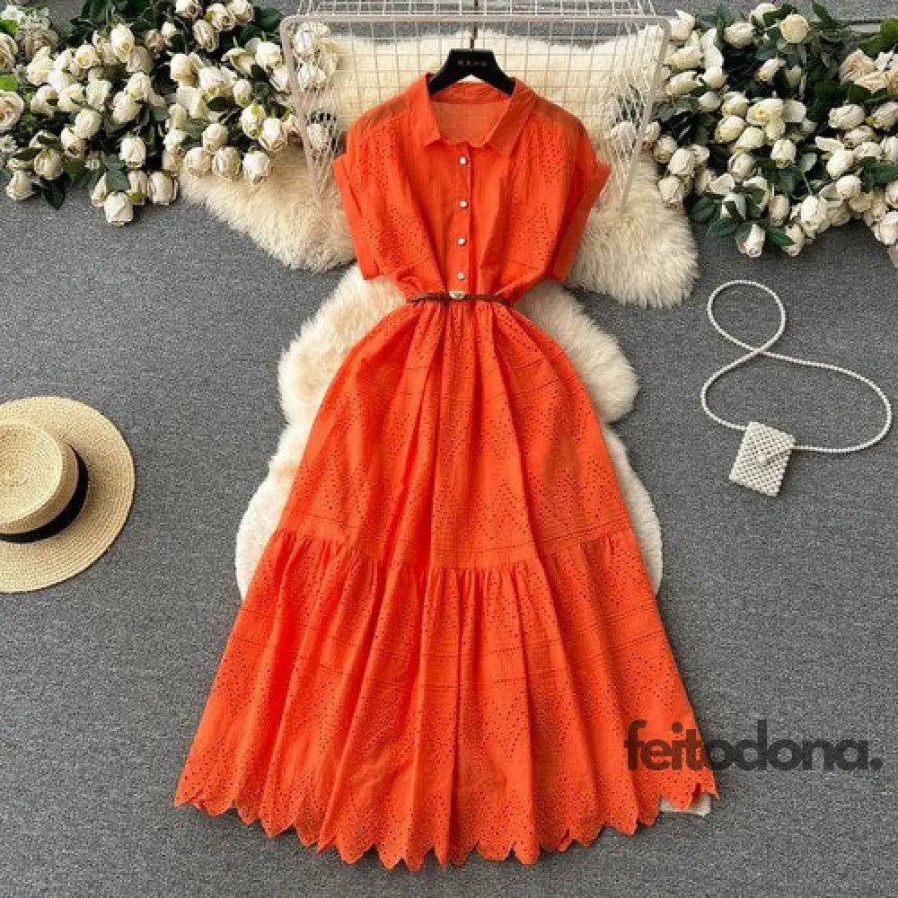 Vestido Chiffon Bordado Margarida Laranja / Tamanho Único (36/44)