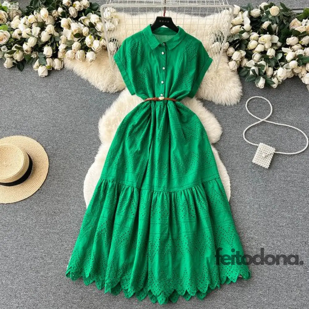 Vestido Chiffon Bordado Margarida Verde / Tamanho Único (36/44)