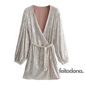 Silver Sequin Dress Women Long Sleeve Have Sashes Party Dresses 2022 Vintage Sexy Deep V Neck Mini