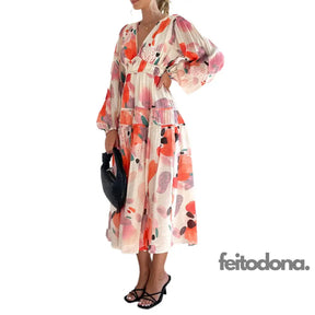 Womens Fashion Bohemian Long Dress V-Neck Sleeve Floral Print Casual Elegant Beach Party For