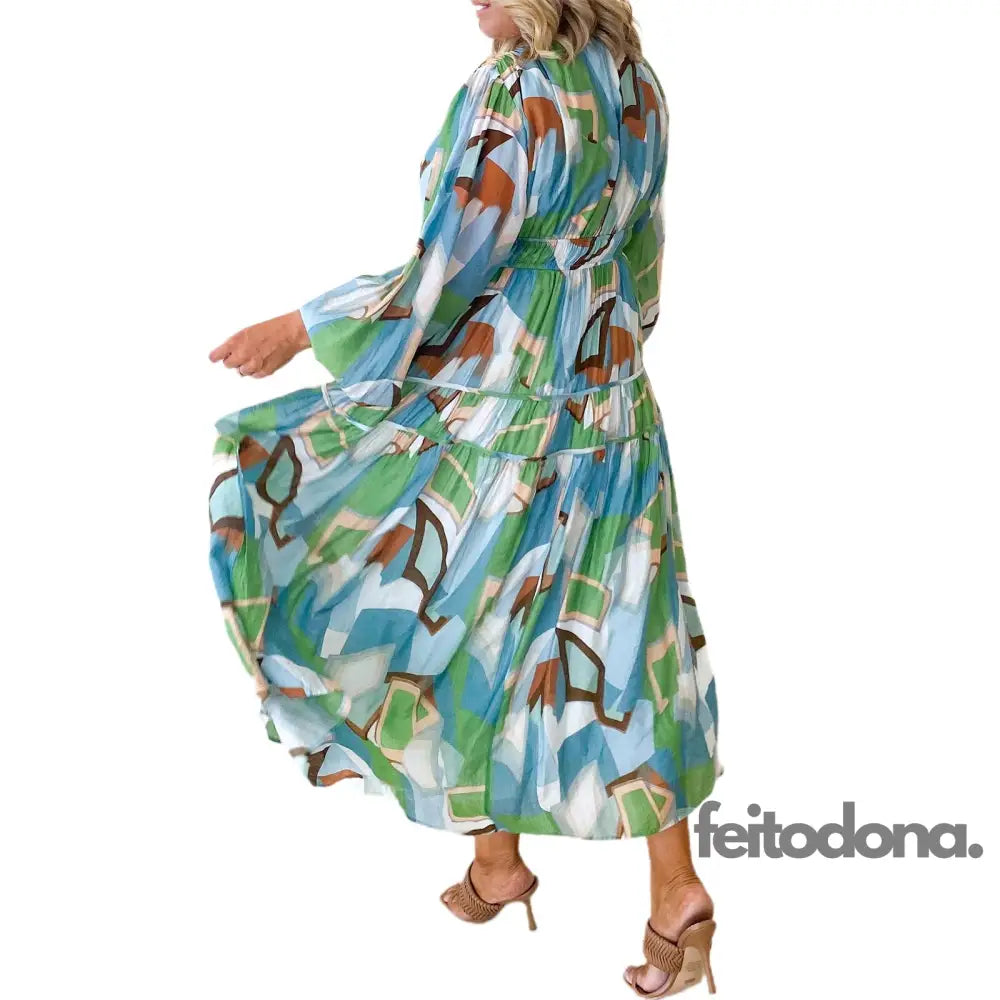 Womens Fashion Bohemian Long Dress V-Neck Sleeve Floral Print Casual Elegant Beach Party For