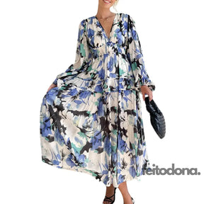 Womens Fashion Bohemian Long Dress V-Neck Sleeve Floral Print Casual Elegant Beach Party For