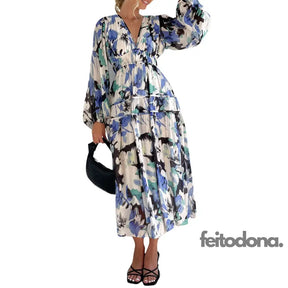 Womens Fashion Bohemian Long Dress V-Neck Sleeve Floral Print Casual Elegant Beach Party For