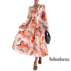 Womens Fashion Bohemian Long Dress V-Neck Sleeve Floral Print Casual Elegant Beach Party For