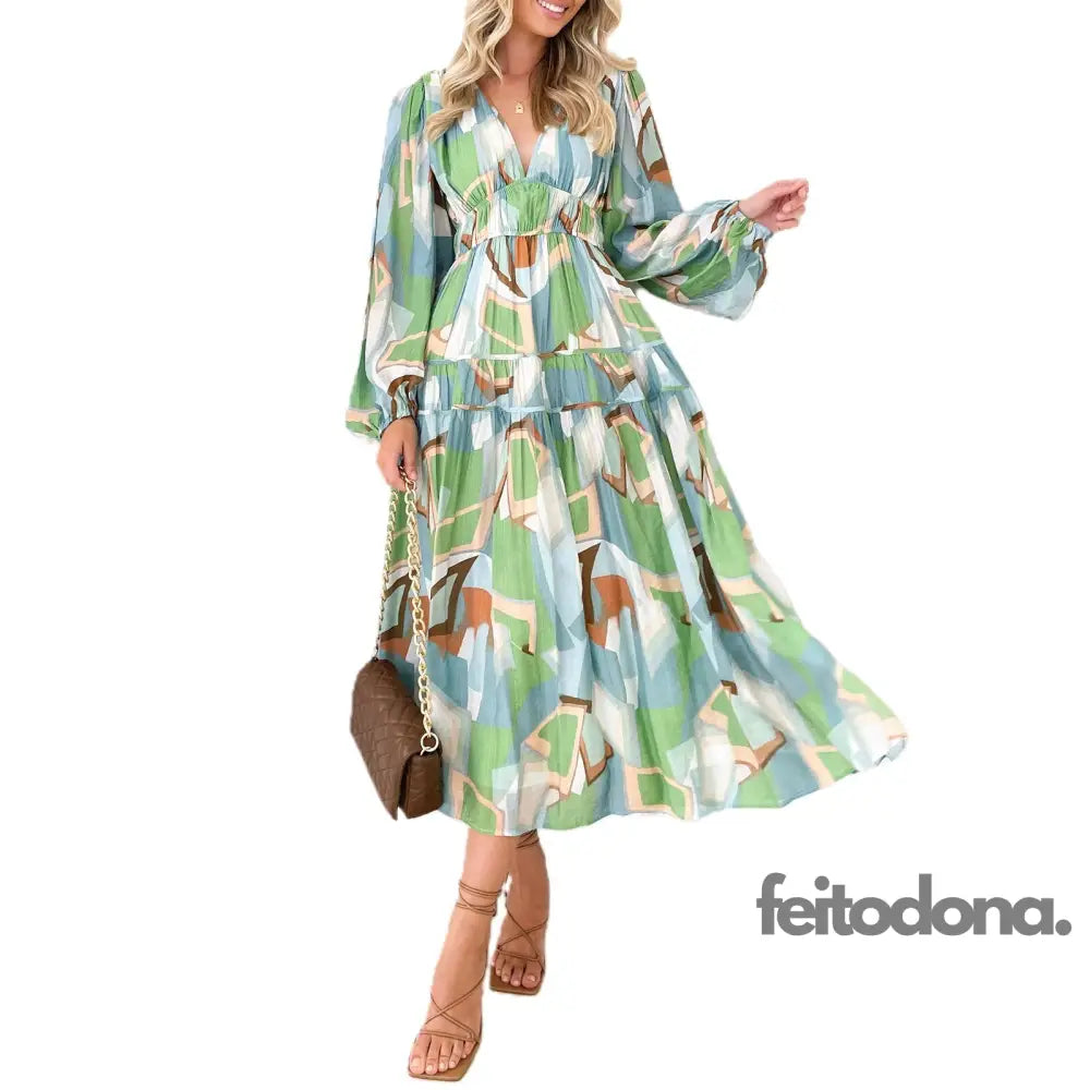 Womens Fashion Bohemian Long Dress V-Neck Sleeve Floral Print Casual Elegant Beach Party For