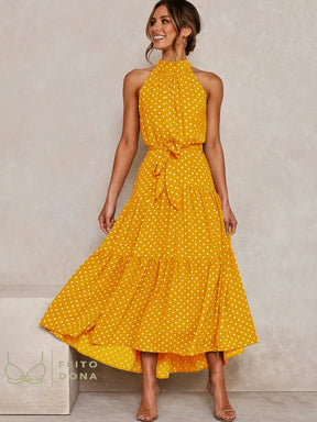 Vestido Gola Alta E Cintinho Amarelo Poá / P