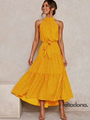 Vestido Gola Alta E Cintinho Amarelo Poá / P