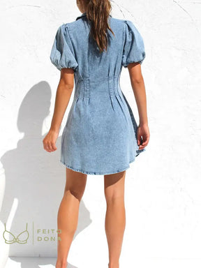 Summer Dress Women 2023 Denim Vintage Female Fashion Casual Blue Clothes Mini Oversized Turn-Down