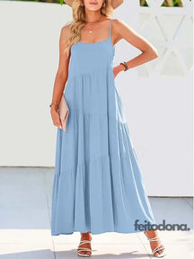 2023 Summer Beach Long Dress Women Loose Maxi Sleeveless Ladies Party Dresses For Sky Blue / S