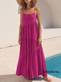 2023 Summer Beach Long Dress Women Loose Maxi Sleeveless Ladies Party Dresses For Rose Red / S