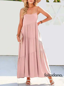 2023 Summer Beach Long Dress Women Loose Maxi Sleeveless Ladies Party Dresses For Pink / S