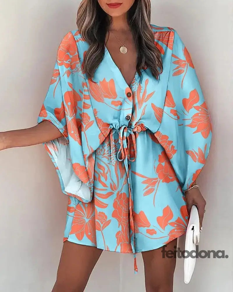 Vestido Manga Morcego Betty Azul Com Laranja / P