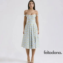 Vestido Midi Espartilho Florido Azul / Pp