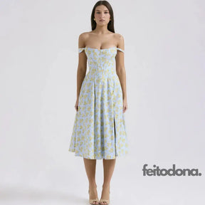 Vestido Midi Espartilho Florido Azul / Pp