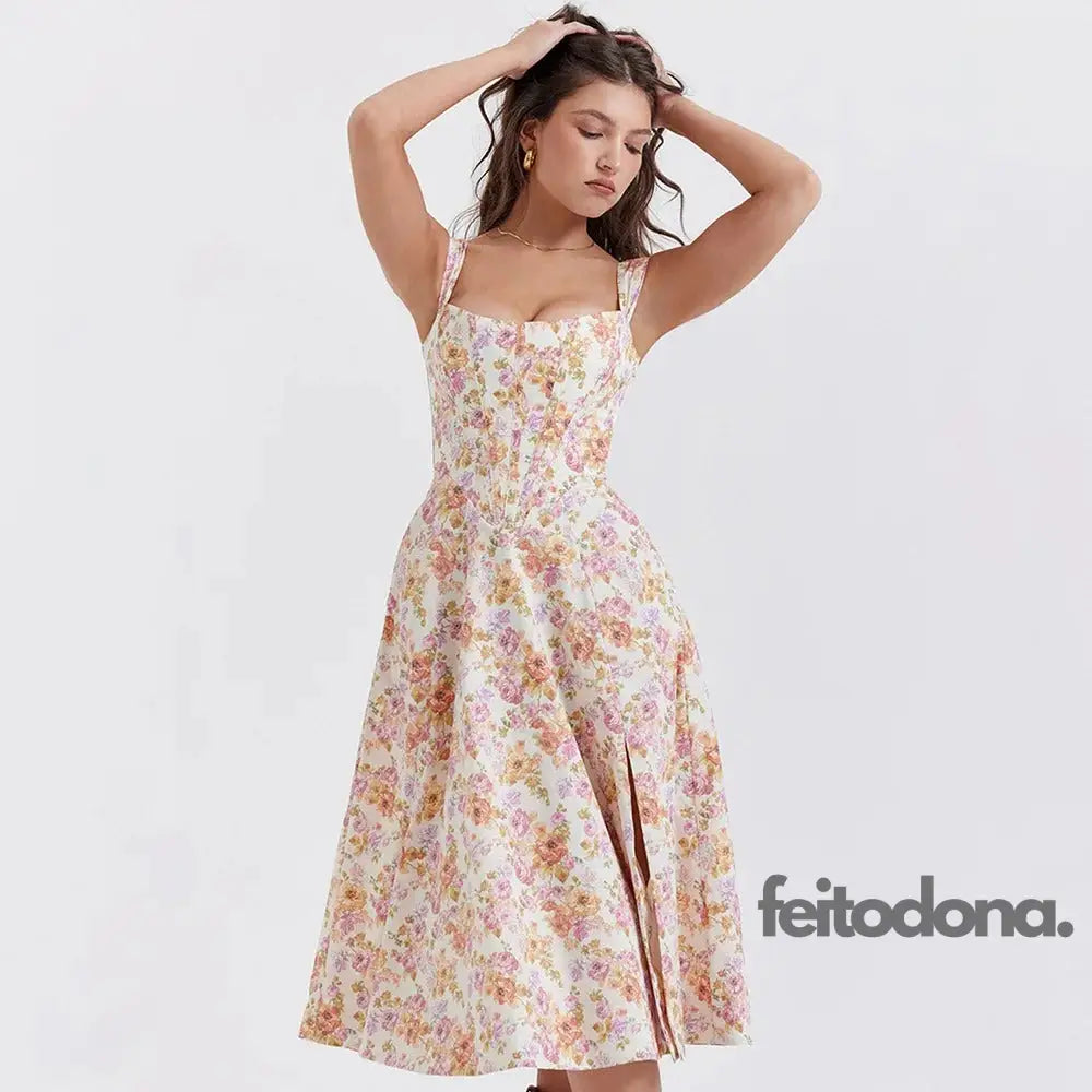 Vestido Midi Espartilho Florido Rosado / Pp