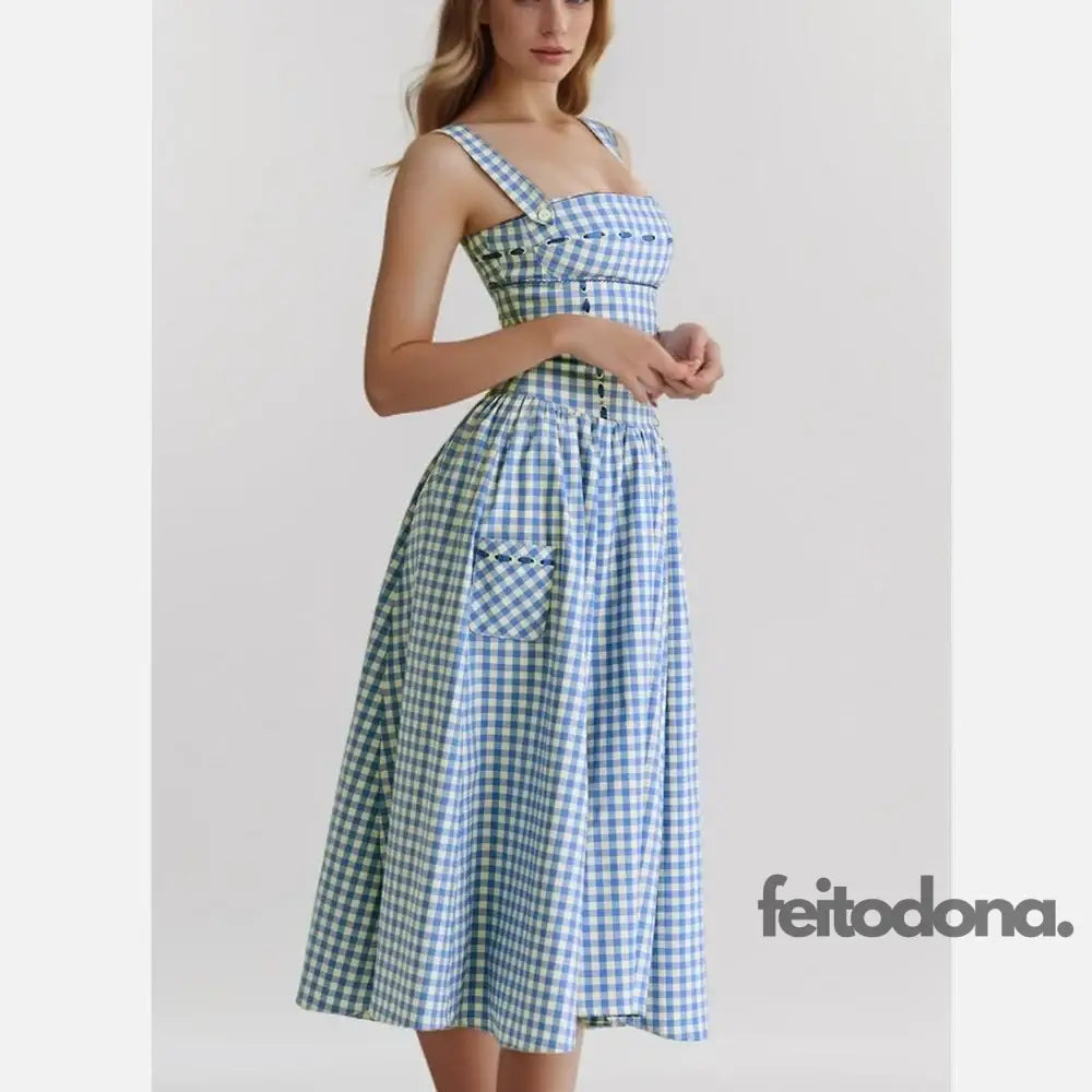 Vestido Midi Xadrez Azul