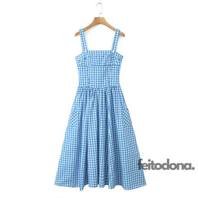 Vestido Midi Xadrez Azul