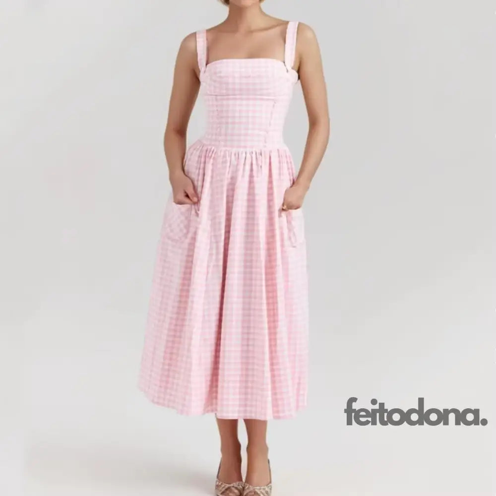 Vestido Midi Xadrez Rosa